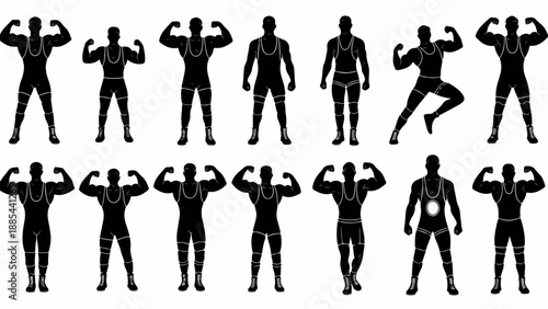 Collection of black silhouettes of people posing in various dynamic stances against a clean white background.