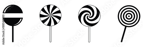 Lollipop vector icon set featuring silhouette shapes with colorful round ball swirl and floral design elements, sweet candy illustration isolated on white background for creative design