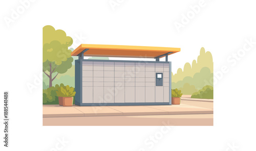 Flat vector background illustration of parcel locker area with lockers silhouettes and small canopy style clean 2D shapes no outlines minimal details matte colors layered depth gentle