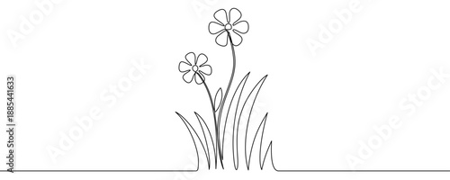 Two stylized wild flowers growing in a tuft of grass, symbolizing spring, nature, and romance. Drawing in one line art style with editable black stroke. Vector illustration.