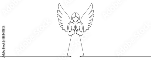 One continuous line of a praying angel with spread wings. Line art of an angel figure with hands folded in prayer. Drawing in one line style with a black stroke. Vector illustration.