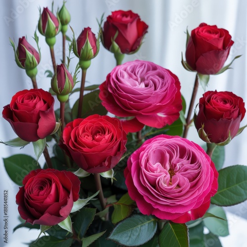 Lush bouquet of deep red and vibrant pink roses with buds set against bright background