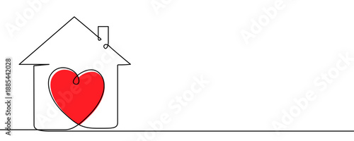 One continuous line of a house outline with a chimney, featuring a bright red heart inside. Drawing in one line style with a black stroke and a colored red spot. Minimalist vector illustration.