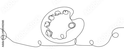 One continuous line of an art palette with paint outlines. Minimalist line art of an artist's tool. Drawing in one line style with a black stroke. Vector illustration.