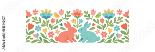 Flat vector illustration of Otomi embroidery inspired cushion cover design with simplified rabbits and botanical shapes repeating layout style clean 2D shapes no outlines minimal details