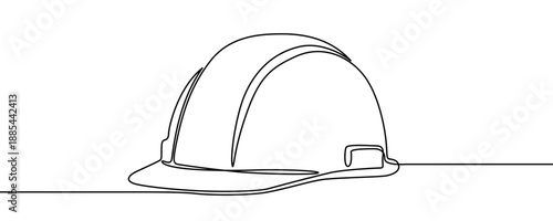 Construction helmet in one line art style. Safety hat drawing with editable black stroke on white background. Vector illustration.