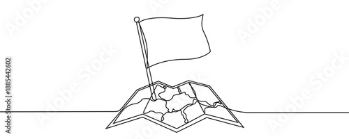 Flag on map in one line art style. Flag drawing with editable black stroke on white background. Vector illustration.
