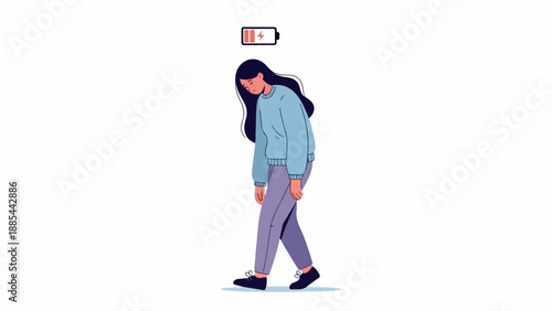 Illustration of a sad young woman walking alone with a low battery icon above her head on a white background.