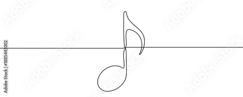 Musical note in one line art style. Music note drawing with editable black stroke on white background. Vector illustration.
