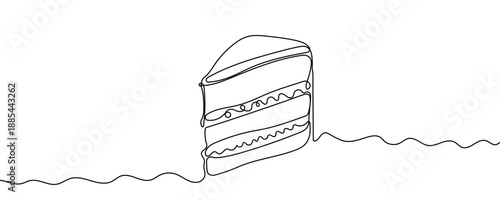 Piece of cake in one line art style. Dessert drawing with editable black stroke on white background. Vector illustration.
