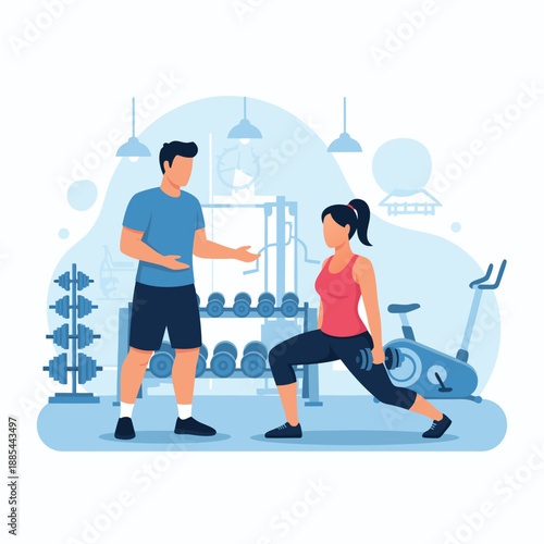 Personal fitness training vector illustration, a coach guiding a woman doing lunge exercise in modern gym, promoting healthy active lifestyle