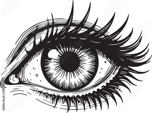 Intricate and artistic illustration of a human eye, focusing on the detail of the iris, pupil, and eyelashes.