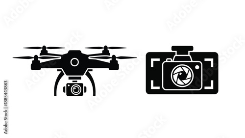 Black drone and camera icons aerial photography technology in silhouette