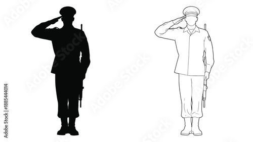 Soldier saluting in uniform black and white graphic with a distinct silhouette
