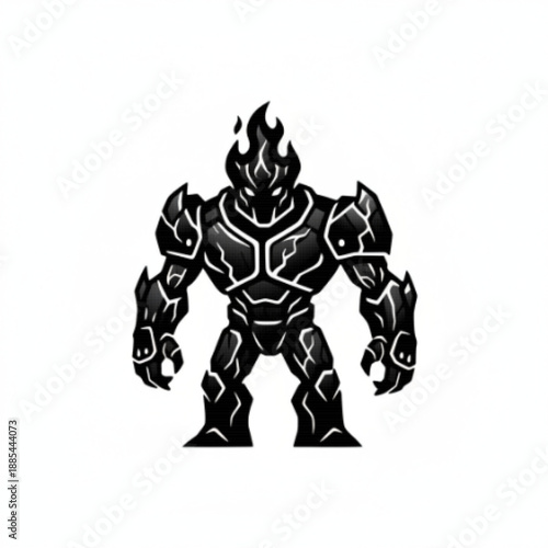 Black Stone Golem Creature with Fiery Head - Graphic Design