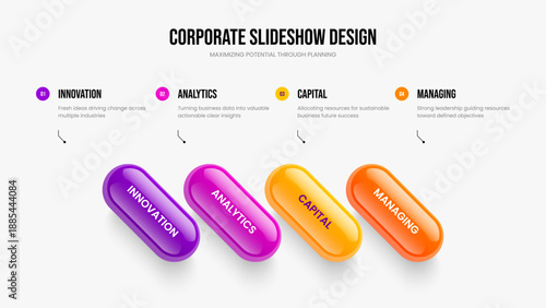 Sales Portfolio Frame Layout Vector Illustration. Market Introduction Four Element Infographic Presentation Template. Corporate Review 4 Option Diagram Slideshow Design.