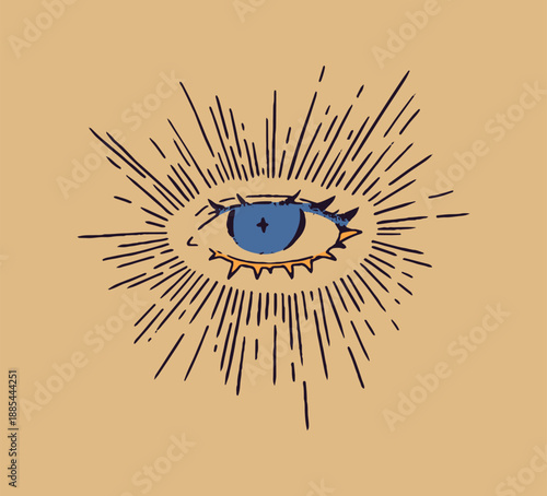 Retro design of colored tattoo of shining eye. Antique esoteric sign of fortune telling and divination. Vintage tatoo of magic, mystic element in bohemian style. Flat isolated vector illustration
