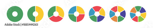 Donut charts, pies segmented on from 1 to 7 equal parts. Diagrams infographic circle section graph from one to seven steps. Loading bar. Wheels divided in sections. Pie, pizza chart round icon layout.