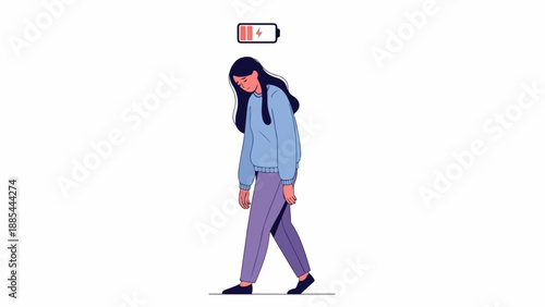 Illustration of a woman with long dark hair walking with a low battery symbol above her head on a white background.