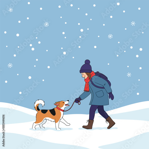 Illustration of a young girl dressed warmly playing with her dog while it's snowing