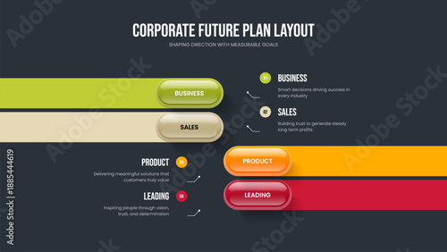 Sales Analysis Slide Template Vector Illustration. Market Planning 4 Option Diagram Slideshow Layout. Business Profile Four Element Infographic Frame Design.
