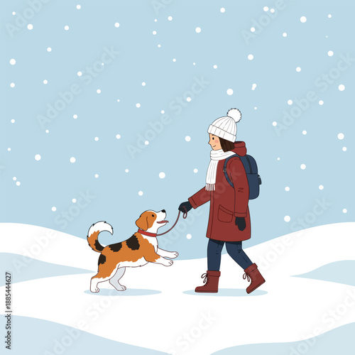 Illustration of a young girl dressed warmly playing with her dog while it's snowing
