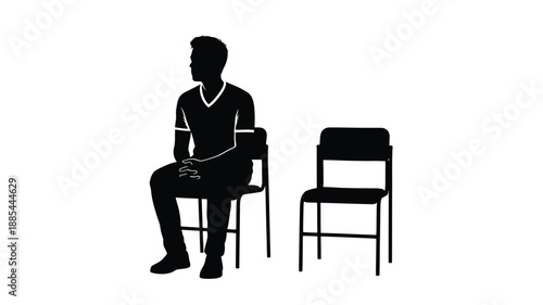 Man seated on chair with another chair nearby a stark silhouette