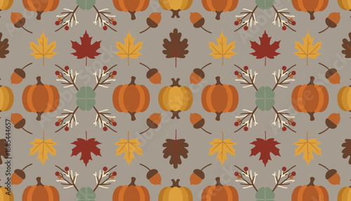 Cute autumn pattern Pumpkins acorns and maple leaves design Perfect fall vector background