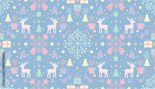 Seamless pastel Christmas pattern with reindeer snowflakes trees gifts and bells Cute holiday design