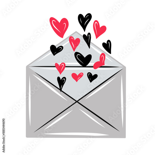 Open envelope with flying heart shapes illustration symbolizing love messages, romance and emotions. Cute romantic vector design for Valentine's Day, greeting cards, invitations, stickers and branding