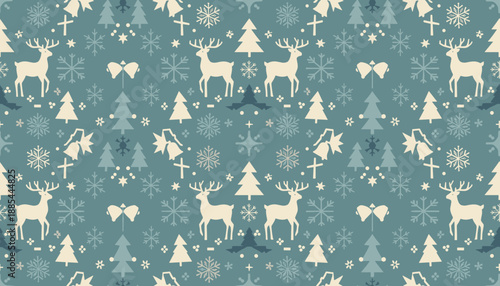 Stylized Christmas seamless pattern with deer trees and snowflakes for wrapping or fabric