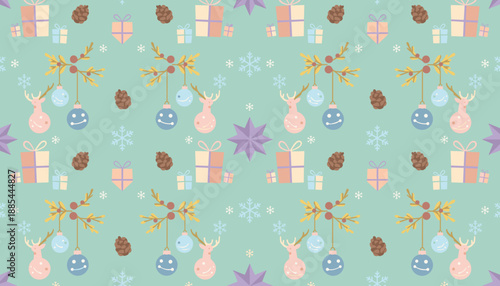 Pastel Christmas seamless pattern with deer ornaments gifts and snowflakes on a mint background