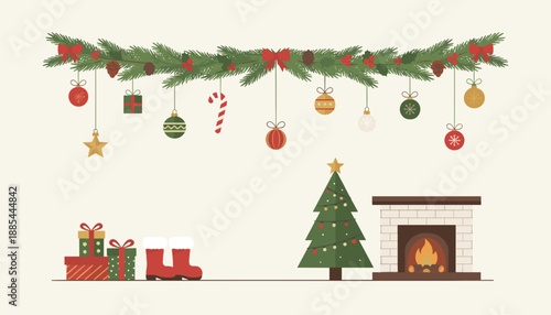 Cozy Christmas interior illustration with fireplace decorated tree gifts and garland banner