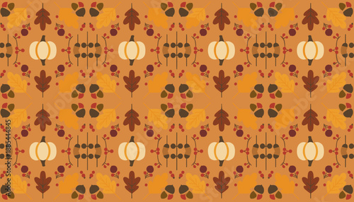 Seamless Autumn pattern with pumpkins acorns and colorful leaves on an orange background Perfect for harvest