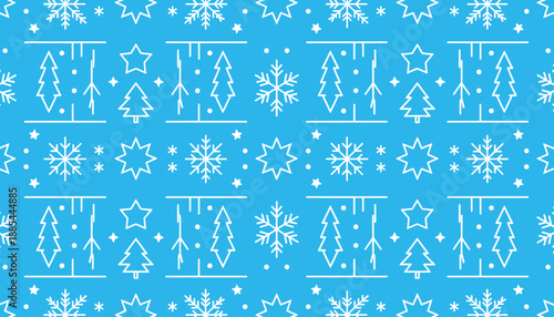 Blue seamless pattern featuring white line art snowflakes stars and Christmas trees Winter holiday design