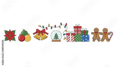 Vector illustration of classic Christmas holiday icons gifts ornaments gingerbread lights and bells