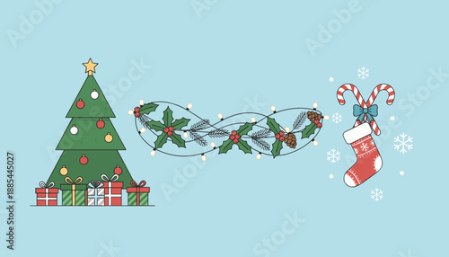 Christmas elements banner illustration with tree gifts lights holly and stocking on blue