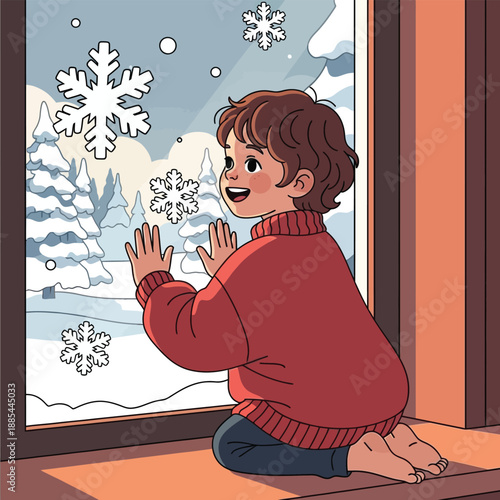 Illustration of a child sitting in a warm house wearing a red sweater and bare feet, watching the snow falling outside