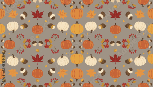 Festive seamless fall pattern featuring pumpkins acorns maple leaves and berries for seasonal design use