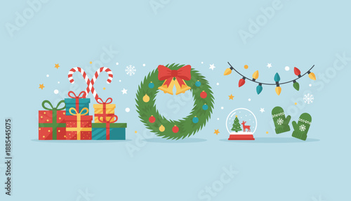 Flat design Christmas decorations gifts wreath lights snow globe and winter mittens