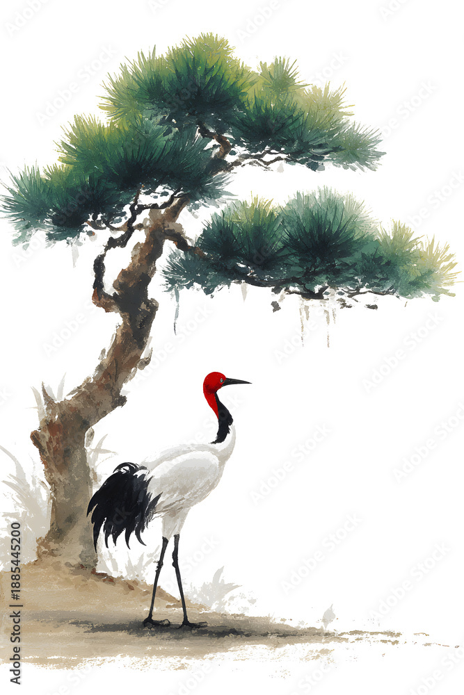 Fototapeta premium Elegant Red-Crowned Cranes on Pine Branch