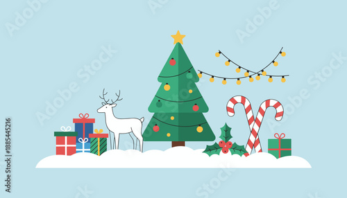 Holiday illustration Christmas tree white reindeer colorful presents and candy canes on blue