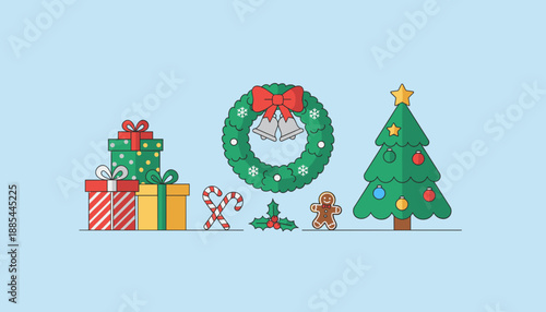 Minimalist Christmas essentials festive tree gifts gingerbread wreath and candy cane