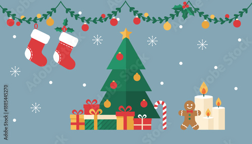Holiday illustration featuring decorated Christmas tree stockings gifts candles and gingerbread man