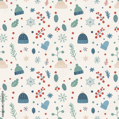 Cozy seamless winter pattern with hats mittens snowflakes berries and pine Holiday textile design