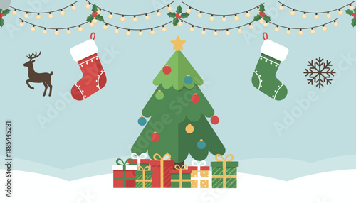 Festive flat design Christmas background with tree gifts stockings reindeer and string lights