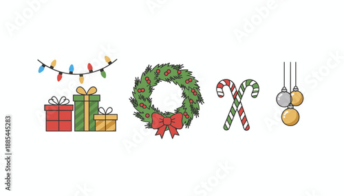 Christmas icons set with wreath presents lights candy canes and ornaments Festive holiday graphic design elements