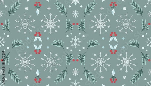 Seamless winter holiday pattern with snowflakes pine branches and red berries Perfect for textile design