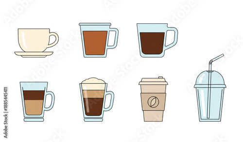 Coffee cup and hot drink takeaway icons flat vector set isolated on white background
