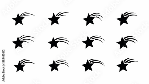 Black star icons with motion trails arranged in rows on a white background in a graphic design element.